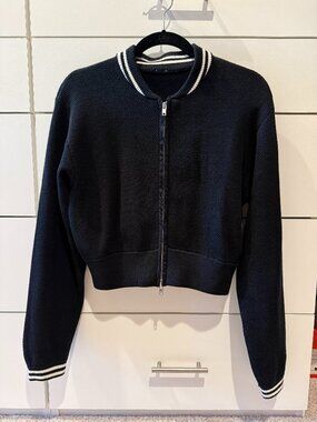 ALO Black Knit Cropped Bomber Jacket Varsity Style Size M